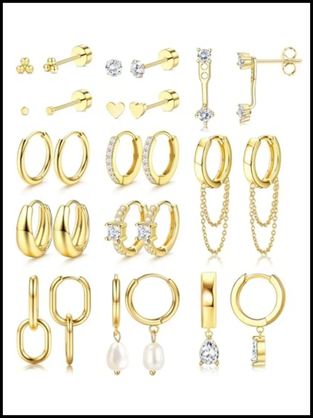 13 Pairs Gold Earring Set, Stud Hoop & Cartilage Earrings, Hypoallergenic, 14k